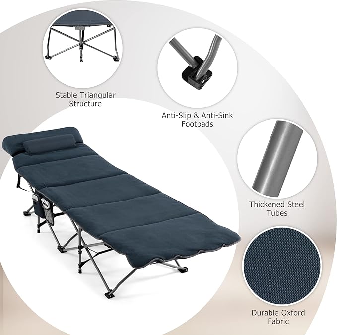 Tangkula Camping Cot for Adults Folding Sleeping Cot with Removable Mattress Pillow Side Pocket Portable Indoor Outdoor Cot Bed with Carry Bags for Travel Camp Office Home (Blue)