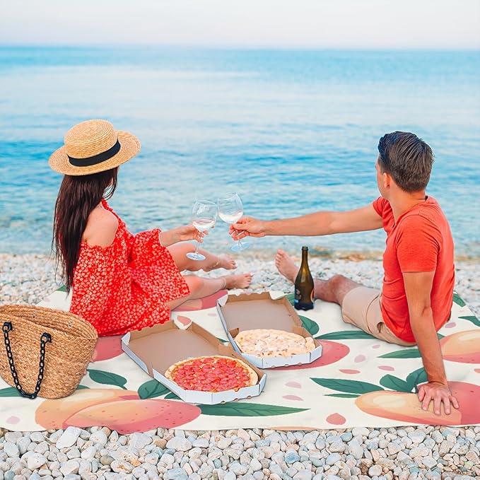 Waterproof Sandproof Beach Blanket 59''×68'' Spring Fruits Polyester Outdoor Picnic Blanket with 4 Stakes &amp Storage Bag for BeachCampingVacation Peach