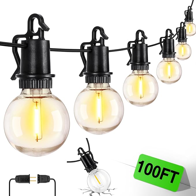 ZJOJO LED Outdoor String Lights100FT Outdoor Lights for Patio with 32 Shatterproof Bulbs 2700K Dimmable Waterproof Globe LED Patio Light Lights for Outside Christmas Backyard Bistro Porch Garden