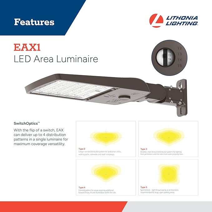 Lithonia Lighting LED Outdoor Area Light Fixture LED Parking Lot Light with Adjustable Brightness 3-in-1 Selectable White Color 4-in-1 Switchable Distribution UVOLT Wall or Pole Mount Bronze