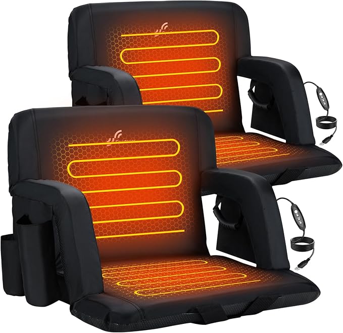 Sportneer Heated Stadium Seats with Back Support: 6 Adjustable Angles Extra Wide Bleacher Seat with Dual Heating Zones - 2.5 Padded Stadium Seats for Sports Outdoors 2 Pack
