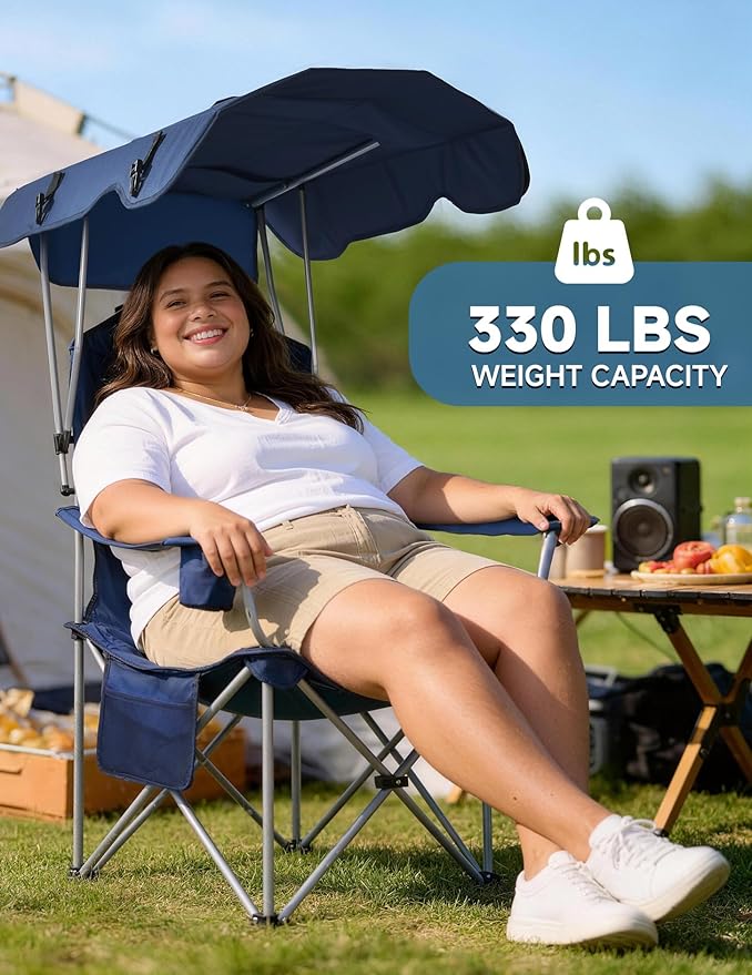 East Oak Camping Chair with Canopy | 25'' High Back Folding Beach Chair with Canopy Shade Removable Headrest Cup Holder Side Pocket 330 lbs Heavy Duty for Sports Events Fishing