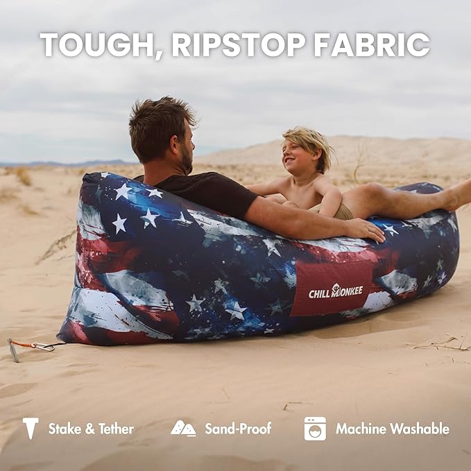 Portable Inflatable Lounger for Beach &amp Camping – Self-Inflating Air Couch Beach Sofa and Outdoor Lounge Chair for Relaxation and Comfort (American Flag)