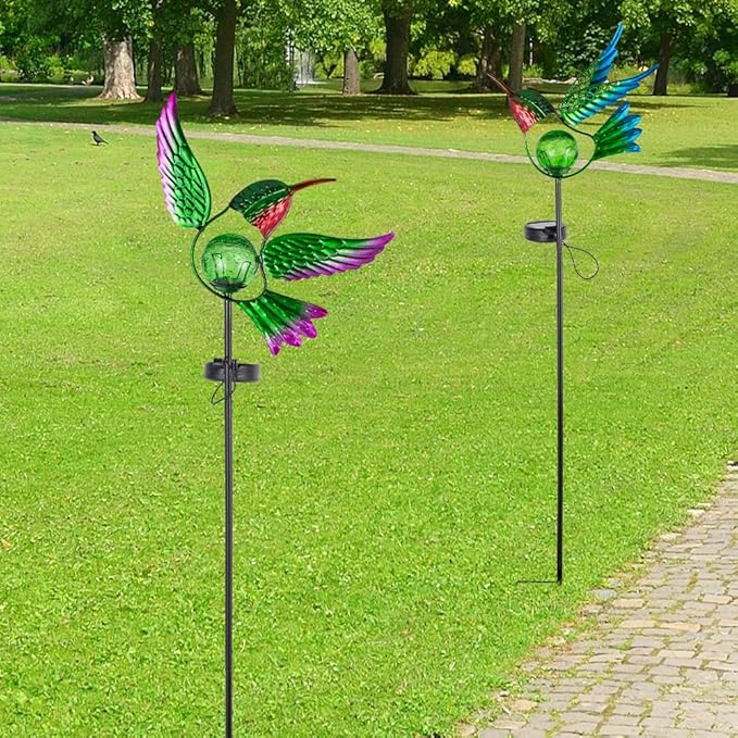 Hummingbird Solar Garden Lights with Stake 2 PackBird Pathway Solar Outdoor Crackle Glass Globe Light for GardenWalkwayPathwayYardLawn