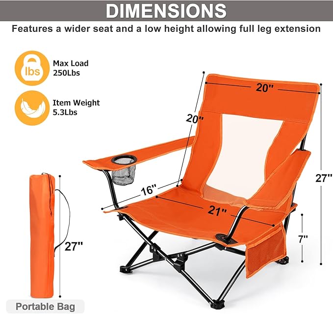 Joyfair Beach Camping Chair (2 Pack) Outdoor Folding Lawn Chair for Adults Heavy Duty Portable Chair with Armrest for Outside Fishing Sport Patio Cup Holder &amp Storage Pocket Carry Bag (Orang