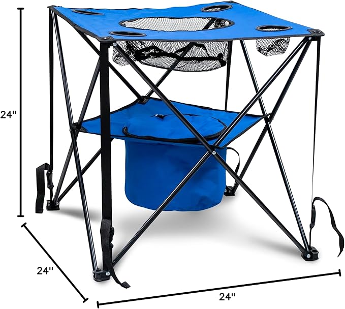 Collapsible Folding Camping Table with Insulated Cooler Cup Holder Mesh Food Basket &amp Travel Bag Blue
