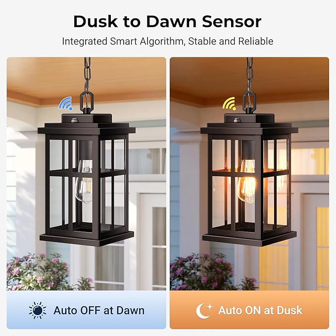 Brown Large Dusk to Dawn Outdoor Pendant Light Outside Hanging Lights with Tempered Glass 100% Aluminum Anti-Rust Outdoor Ceiling Light for Porch House Doorway Waterproof E26 Socket