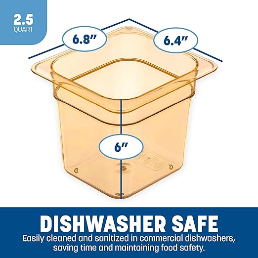 Carlisle FoodService Products StorPlus High-Heat 1/6-Size Food Pan 6 Deep Food Storage Container with 2.5 Quart Capacity High Heat Plastic 1/6 Size Amber (Pack of 6)