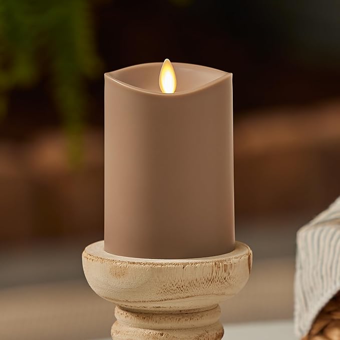 Luminara Outdoor Flameless LED Candle Timeless Taupe 3.25 x 5 Moving Flame Pillar Timer Battery Operated Premium Plastic IPX4 Water Resistance