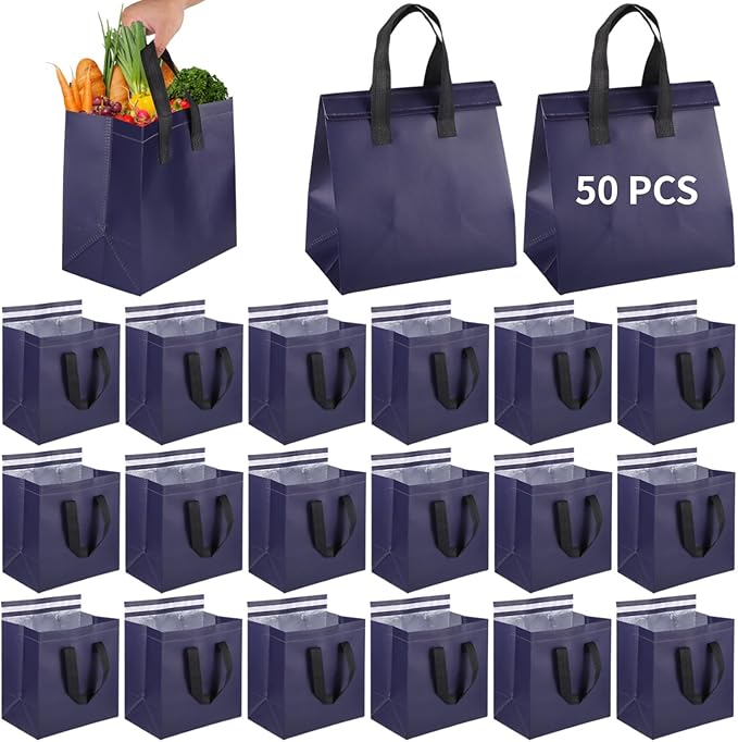 50 PCS Insulated Cooler Bags Large Thermal Tote with Aluminum Foil &amp Adhesive Closure Waterproof Portable Grocery Bag for Picnic Camping Lunch Delivery Outdoor Meals Shopping