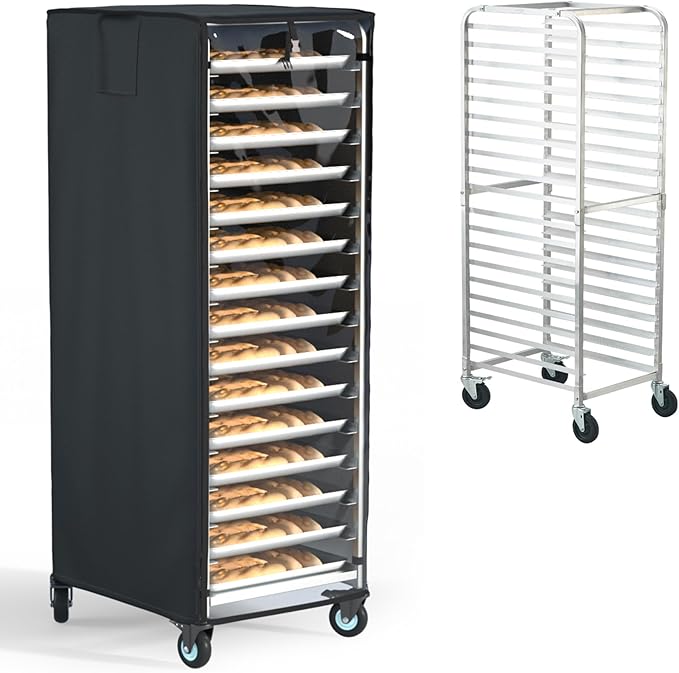 Quick-Release Cover with Zipper Commercial Bread Rack Cover 20-Tier Baking Pan Rack Cover Ventilated Bread Pan Rack Cover 23“ x 28” x 64 Kitchen Bread Rack Cover Waterproof (Black)