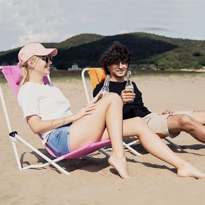 SUNNYFEEL Folding Low Beach Chair High Back Lightweight Portable Sand Chair with Pillow for Adults Heavy Duty 300 LBS Easy-to-Use Foldable Camping Chairs for Camp/Lawn/Outdoor/Travel/Picnic