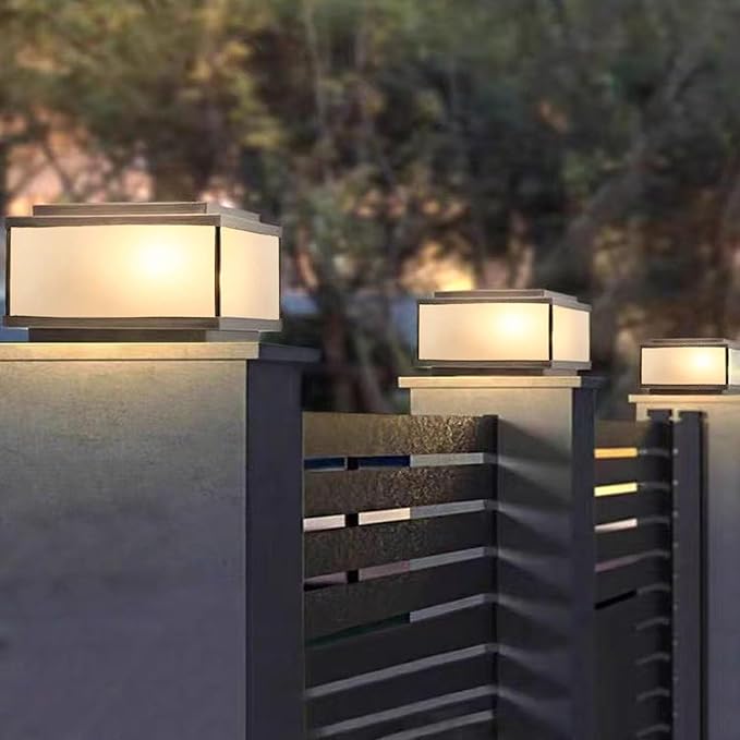 All Copper Steel Glass Outdoor Post lights Waterproof Pillar Light Vintage Patio Lawn Column Lampoutdoor column lightsDeck Lights Lantern Fence Lamp Fixture E26 Base (Frosted glass 12X12IN)