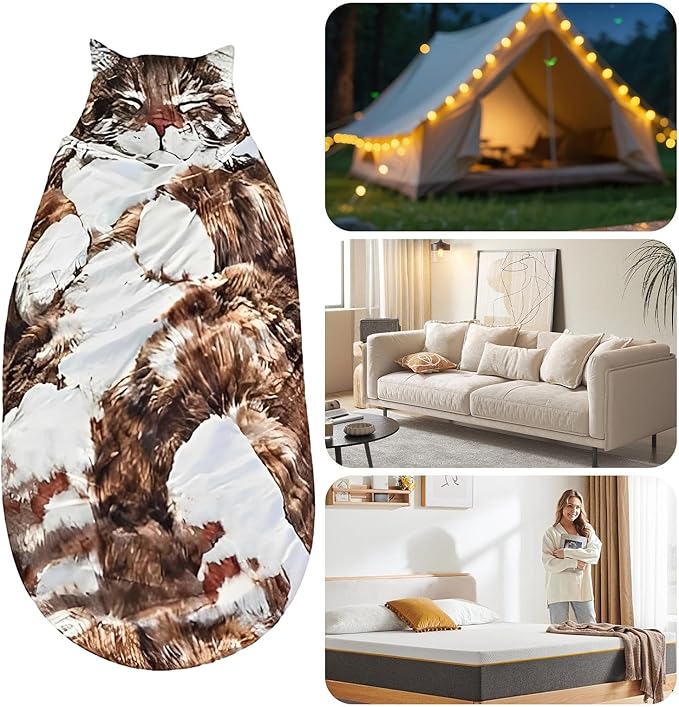 Cat Sleeping Bag for Humans | Camping Sleeping Bags | Plush Cats Print Envelope Mummy Sleepings Bag with Soft Flannel Lining Self | Giant Plush Envelope Design Sleep Sack Cats Blanket for Humans