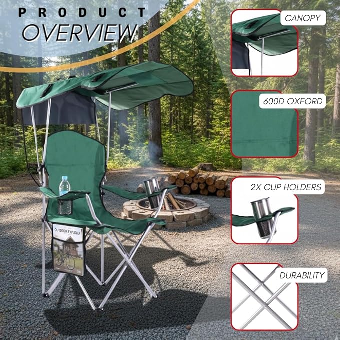 Portable Folding Camping Chairs with Canopy Shade Beach Chair for Adults Durable Weather Resistant 600D Oxford Cloth Camping Chair with Canopy for Outdoors [Green]