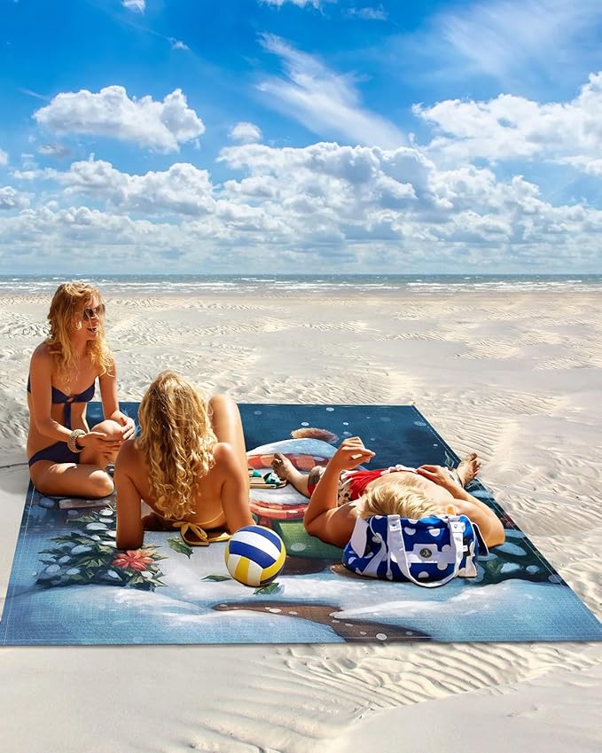 Beach Blanket Waterproof Sandproof Christmas Cute Cartoon Snowman Quick Drying Beach Mat with 4 Stakes Tree Snow-covered Landscape Lightweight Picnic Blanket for Travel Camping Outdoor 118x108