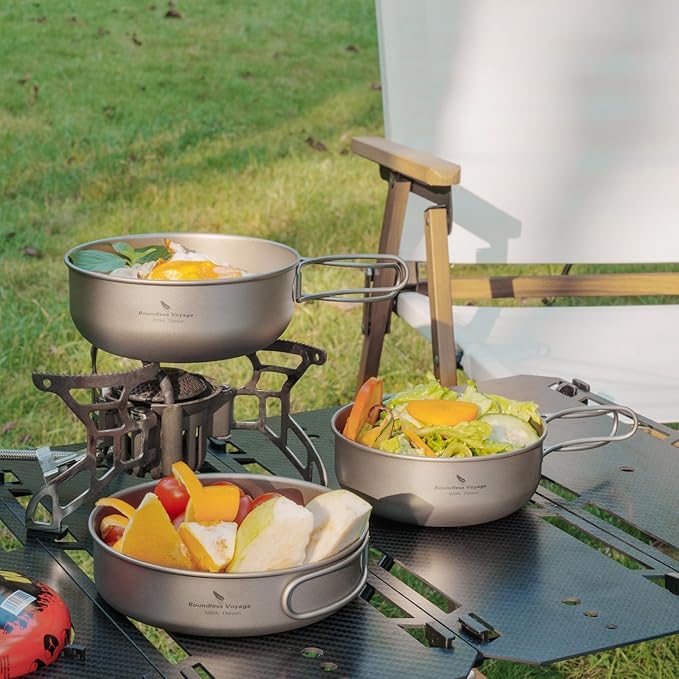 Camping Titanium Pots Set Titanium Bowl Set Outdoor Cookware Cooking Pan Pot with Folding-Handle Travel Kitchen Mess Kits Picnic Hiking Dishes ti2031c