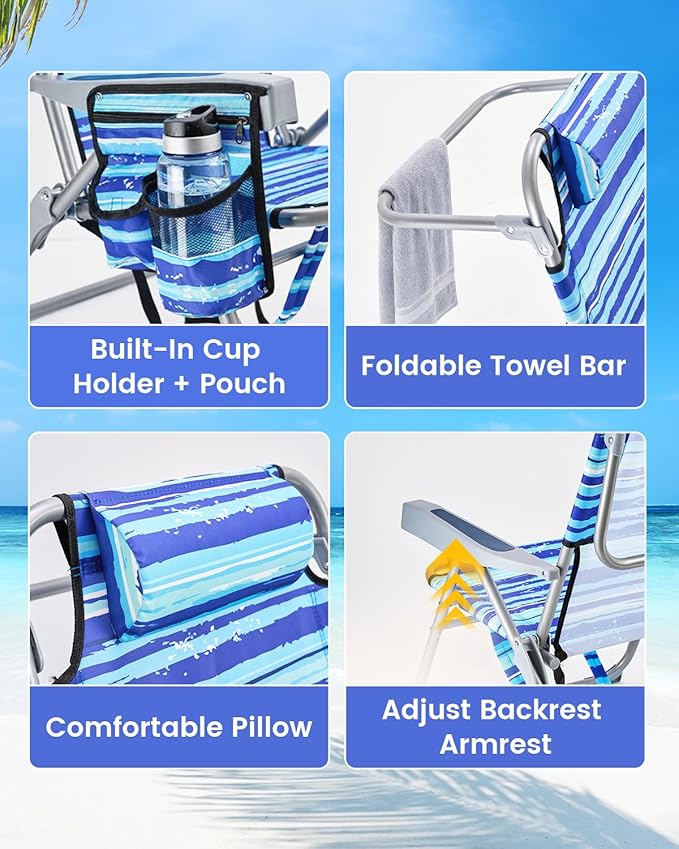 GVDV Backpack Beach Chairs for Adults 2 Pack Portable Lay Flat Folding Chair with Cup Holder and Towel Bars 4-Position Adjustable Reclining Chair for Beach Camp Outdoor Blue and White Stripes