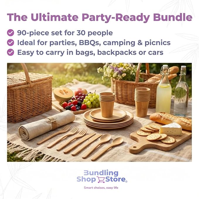 Reusable Bamboo Utensil Set 90 – Eco-Friendly Portable Wooden Cutlery for Travel Camping Office Lunches &amp Picnics – Lightweight Durable &amp Dishwasher Safe