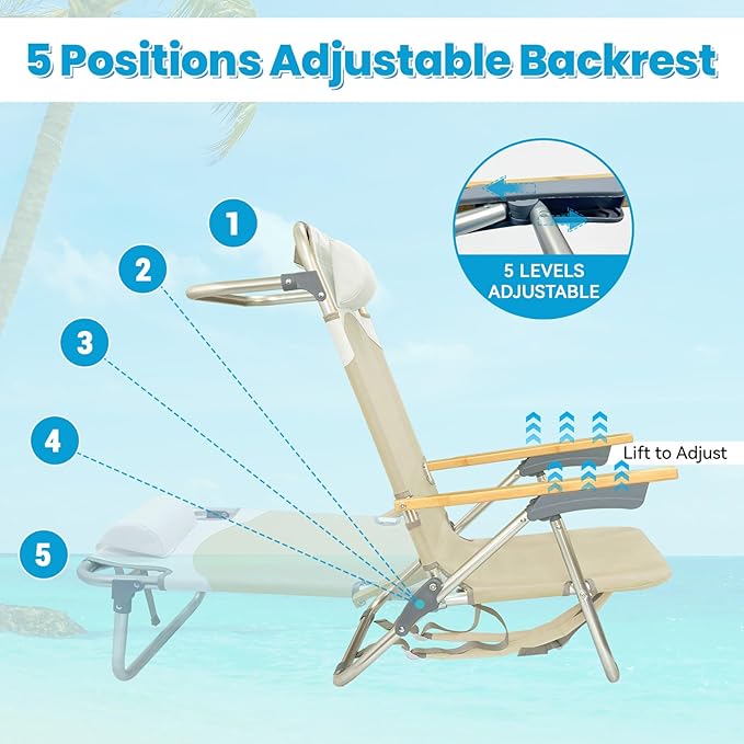 2 Pack Low Backpack Beach Chair with Folding Bamboo Table for Adults 5-Position Lay Flat Reclining Chair Lightweight with Cooler Bag Supports 265 lbs