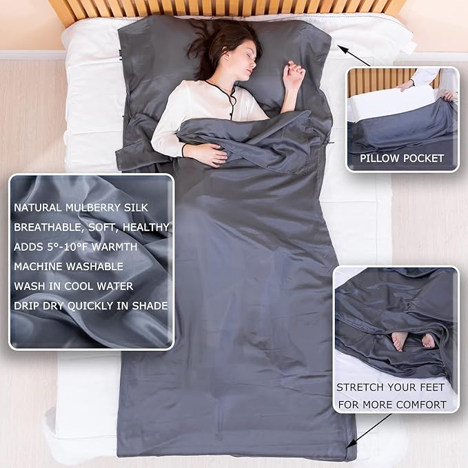 100% Silk Sleep Sack with Zippers on 3 Sides 87”x43” Large Sleeping Liners for Hotels Travel &amp Camping Multifunctional Travel Sheets (Unzipped:87”x87”) for Adults Lightweight All Seasons