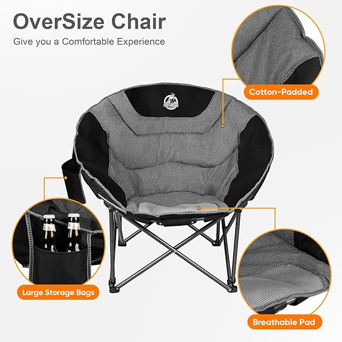 Northroad XXL Camping Moon ChairOversized Round ChairFolding Padded Saucer w/Side Pocket500lbs Capacity for Outdoor Hiking Fishing Picnic LawnBlack&ampGrey