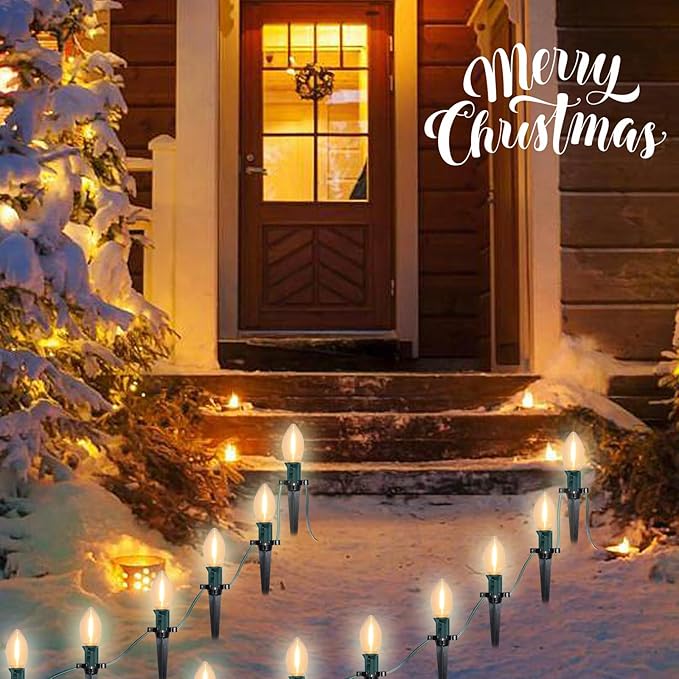 SUNSGNE C9 LED Christmas Pathway Lights Outdoor 38 Feet Sidewalk String Lights with Marker Stakes 25 LED Clear Connectable Christmas Walkway Markers Lights for Outside Porch Garden Yard Lawn Decor