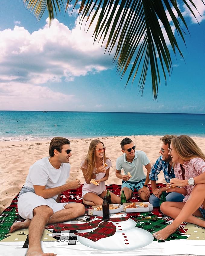 Beach Blanket Waterproof Sandproof Snowman Xmas Tree Red Black Buffalo Plaid Quick Drying Beach Mat with 4 Stakes Winter Snowflakes Lightweight Picnic Blanket for Travel Camping Outdoor 95x80