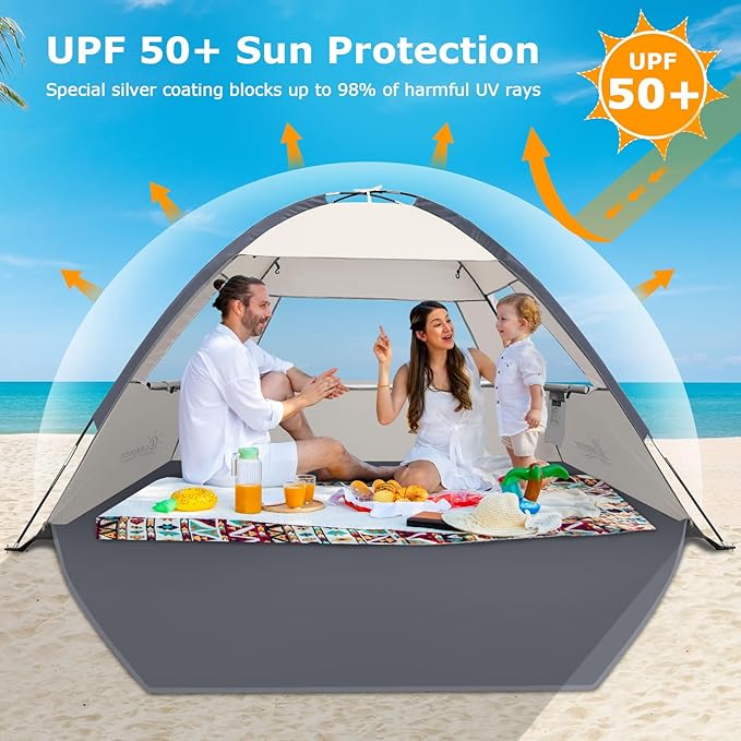 COMMOUDS Beach Tent Sun Shade for 3/4/6/8 Person UPF 50+ Beach Sun Shelter Canopy Tent Lightweight Easy Set Up and Carry