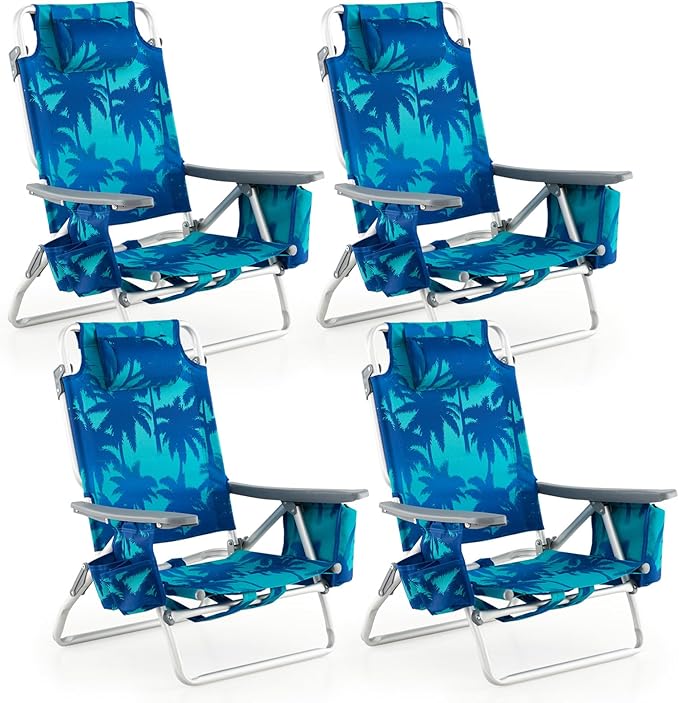 GYMAX Beach Chairs Backpack Camping Chair with Armrest Cooler Bag Cup Holder Towel Bar &amp Side Pockets Sunbath Sling Tanning Lounge Folding Layout Chair (4 Chairs Without Table Coconut Tree)