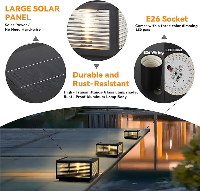 Outdoor Solar Post Lights Luxury Modern Solar Post Cap Light Fence Deck Column Light with IP65 Waterproof Pillar Lights for Flat Surface Patio Garden Decoration