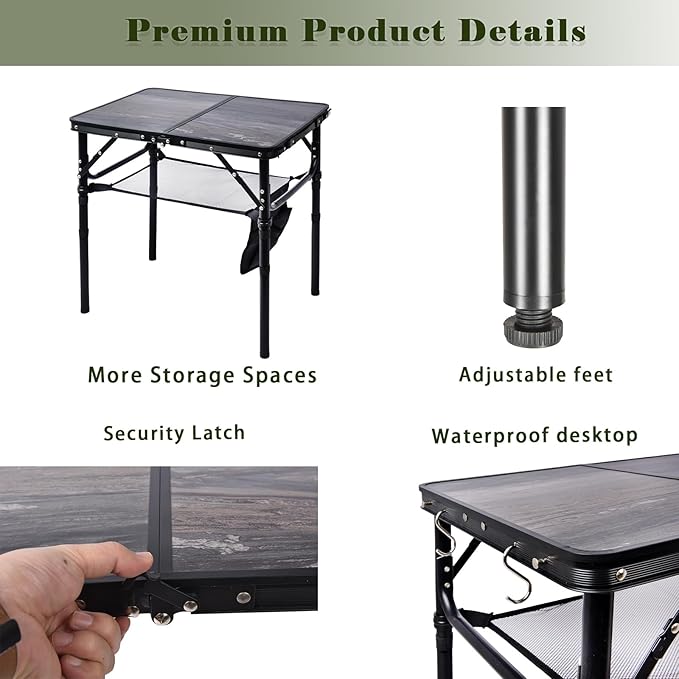 Small Folding Camping Table 2ft Portable Picnic Table Aluminum 24 x 16 3 Adjustable Heights Portable Lightweight Table Dining for RV Picnic Beach (Black Lava)