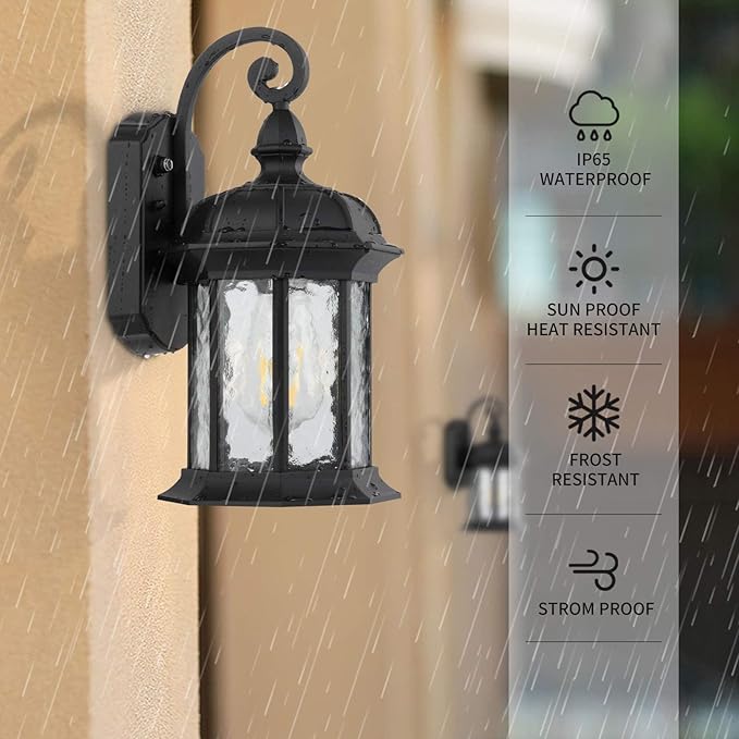 CINOTON Dusk to Dawn Outdoor Wall Lighting Outdoor Wall Lantern with Water Ripple Glass Waterproof Wall Sconce for Porch Front Door Patio or Garage (1 Pack)