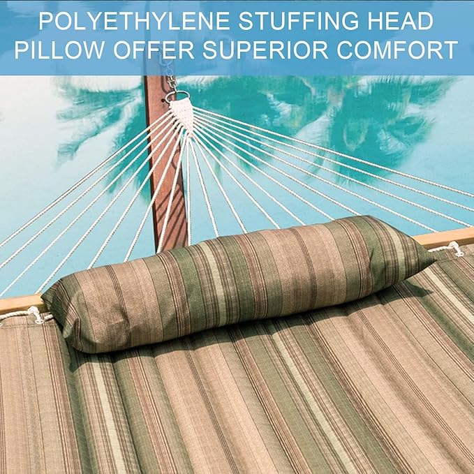 Lazy Daze 12 FT Quilted Fabric Double Hammock with Spreader Bars and Detachable Pillow 2 Person Hammock for Outdoor Patio Backyard Poolside 450 LBS Weight Capacity Mixed Green &amp Brown Stripe