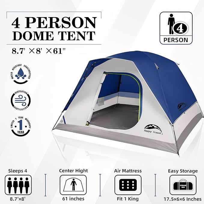 Happy Travel Camping Tent 4/6 Person Dome Tents for Camping with Rainfly Waterproof Clip Easy Setup Portable Family Tent with Mesh Windows 20% More Headroom Backpacking Tents for Camping &amp Hiki