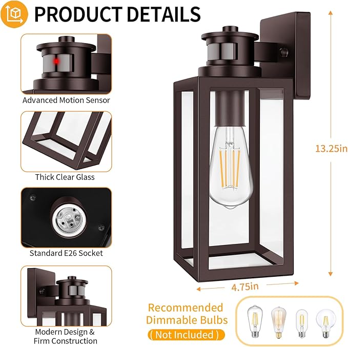 TOBUSA 2-Pack Motion Sensor Outdoor Wall Lights Waterproof Dusk to Dawn Exterior Wall Light Fixtures Modern Brown Outside Porch Lights for House Garage Motion Sensor Wall Lanterns with Clear Glass