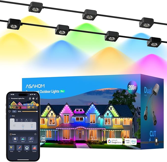 ASAHOM Permanent Outdoor Lights Pro S108D 200FT with 144 RGBCW LED Lights WLED Integrated AI Lighting 30000 Dynamic Effect IP67 Waterproof for Easter Holiday Outdoor Decor Daily Lighting Black