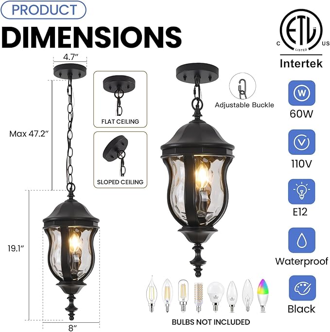 Large Outdoor Pendant Light Fixtures 19.1'' Exterior Hanging Lantern Porch Light Adjustable Black Hanging Lamp Farmhouse Exterior Chandelier Ceiling Mount for Entrance Patio