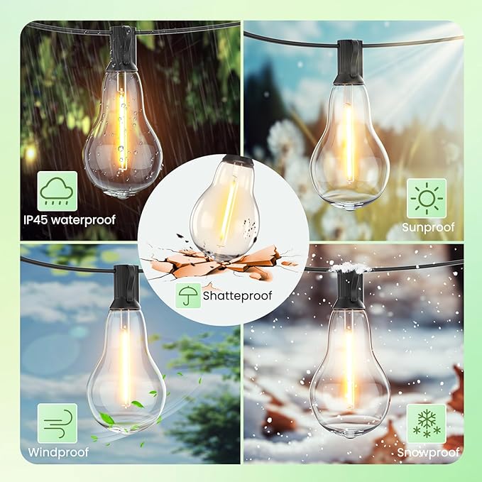 Outdoor String Lights 50FT LED String Lights for Outside with 27 A39 Waterproof Edison Bulbs (2 Spare) Patio Lights Outside Hanging for BistroBalconyPorchYardGardenBlack Cord