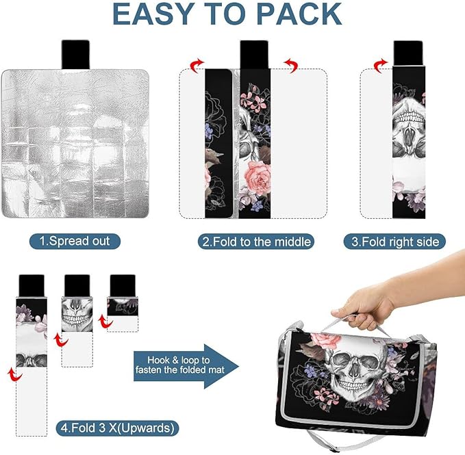 Vintage Halloween Black Victorian Gothic Skull Damask Waterproof Outdoor Picnic Blanket Sandproof Beach Mat for Camping Hiking Grass Travelling