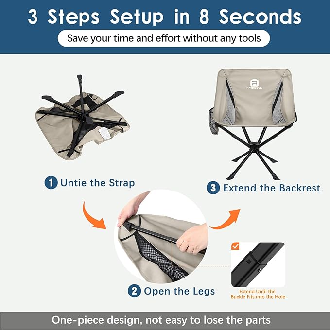 Portable Camping Chair 2 Pack 8 Seconds Quick Setup Folding Camping Chair Flexible 360° Rotation 3.8Lb Lightweight Travel Chairs for Easy Carry to Hiking Sporting Beach Khaki