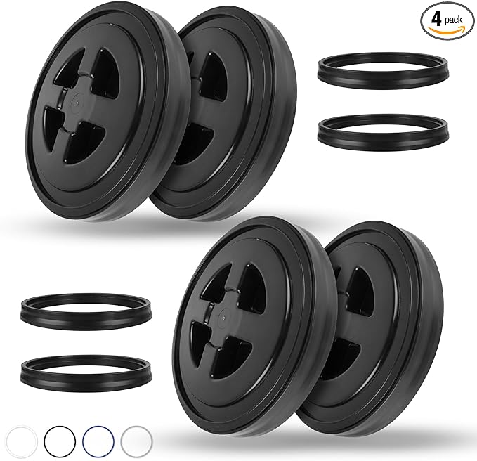 4 Pieces 5 Gallon Leak-Proof Bucket Lid Food Grade Plastic Storage Buckets Screw Seal Lids Screw Pail Lid Pet Food Storage Chicken Feeders Paint Storage Compatible with GammaBlack