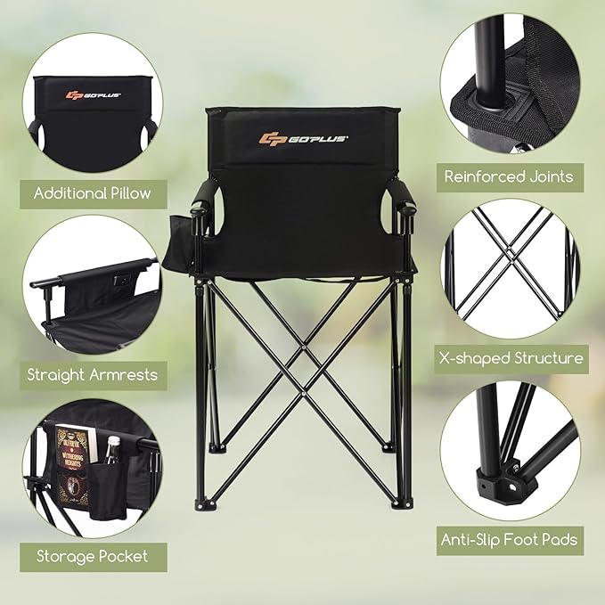 Goplus Folding Camping Chair Outdoor Portable Beach Chair Heightened Design w/Detachable Armrests Storage Pouches &amp Carrying Bag for Fishing Picnic Lawn (Black 250LBS Weight Capacity)