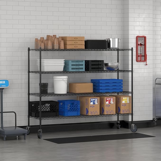 Commercial NSF Listed Black Epoxy Mobile Wire Shelving Kit 21 x 72 x 60 with 4 Shelves Perfect for Warehouse Walk-in Refrigerator Freezer Grocery Store Restaurant Dishroom