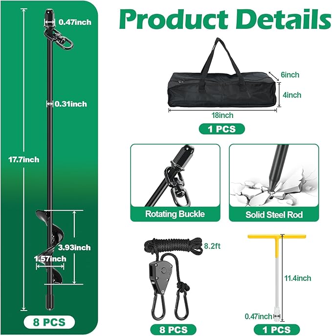 8 Pack Screw-in Tent Stakes 17.7 Heavy Duty Spiral Ground Anchors (8mm Solid Steel 1.5 Helix) w/ 8×8ft Ratchet Guy Lines M12 Wrench &amp Bag for Camping Tents Canopies Tarps Beach Sand