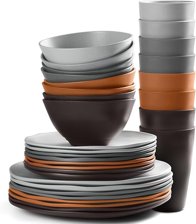 Teivio 32-Piece Kitchen Plastic Wheat Straw Dinnerware Set Service for 8 Dinner Plates Dessert Plate Cereal Bowls Cups Unbreakable Plastic Outdoor Camping Dishes Smoky Brown