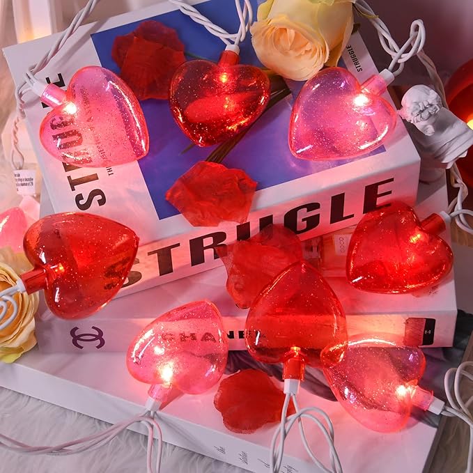 12Ft Red Pink Heart String Lights Valentine's Day Decorations Lights Outdoor Waterproof with 20 LED Clear Heart Light with Glitter for Home Door Fireplace Windows Fence Valentines Day Party Decor