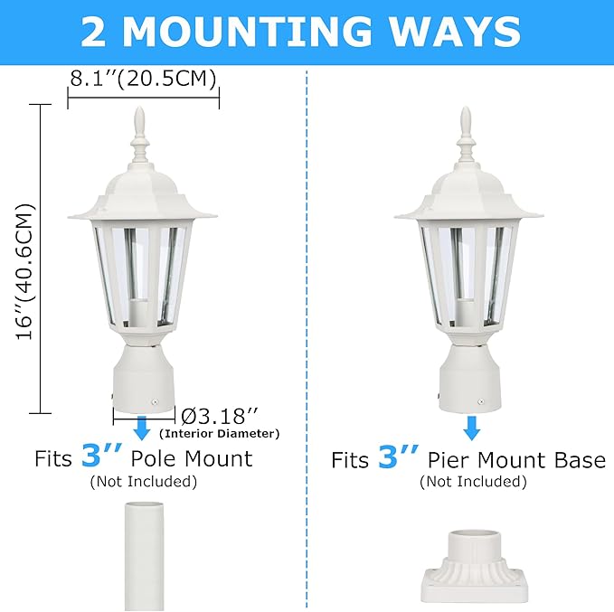 LIT-PaTH 16 Inch Outdoor Lamp Post Light Fixture Exterior Pole Lantern with Clear Glass Hardwired Aluminum Post Lighting for Driveway Garden Yard White 2-Pack
