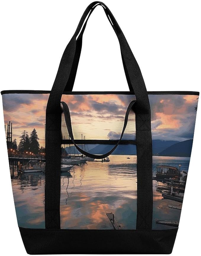 Insulated Shopping BagLarge Reusable Cooler Bags Evening in Vancouver Printed Foldable Shopping BagTravel Waterproof Shoulder Bag