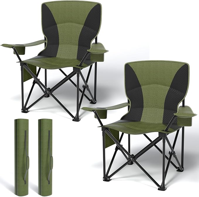 Heavy Duty Folding Chair 500LB Capacity Oversized Camping Chairs with Cup Holder Cooler Bag &amp Storage Pouch Double-Layer Fabric Outdoor Chairs for Sports Lawn Chairs (2 Black Green Oversize